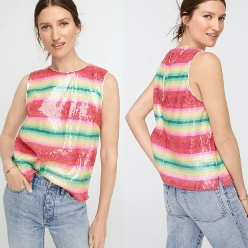 NWT J. Crew Sleeveless Sequin Tank Watermelon Stripes Sparkle Shine Size XS